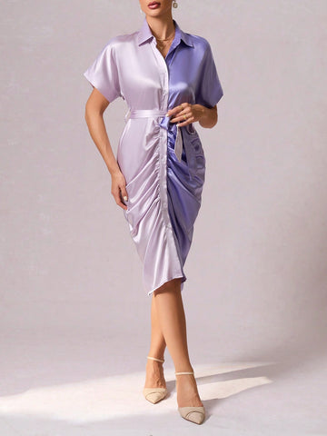 Two Tone Ruched Belted Shirt Dress