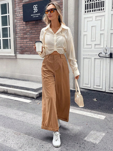 Solid Button Front Drop Shoulder Crop Shirt