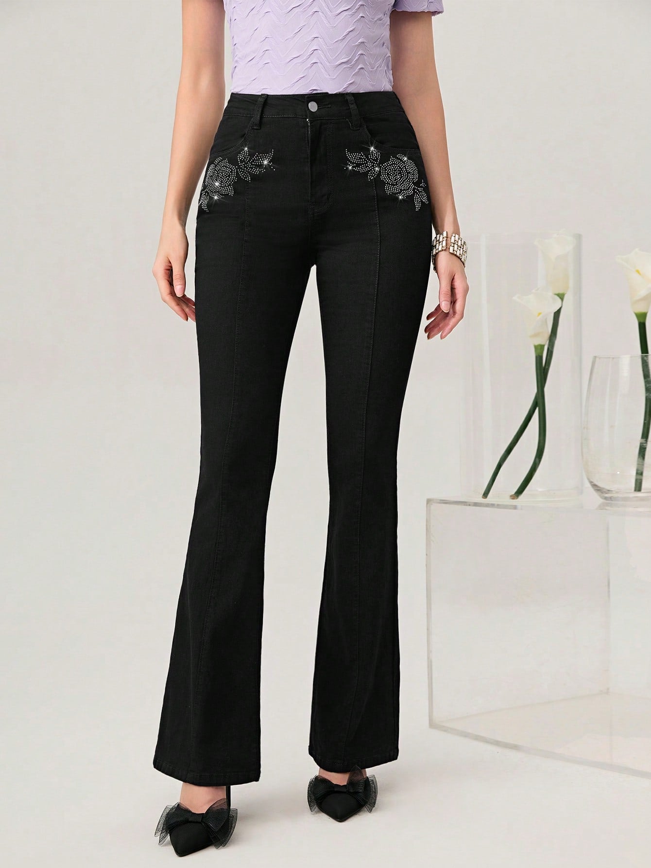 Rhinestone Floral Pattern Flare Leg Jeans