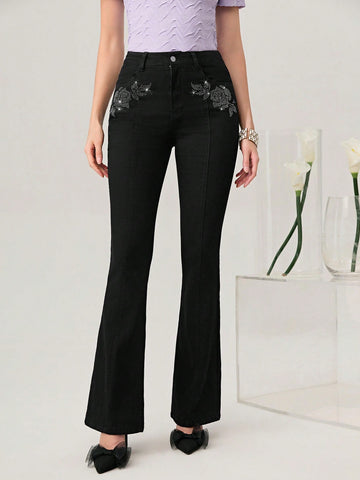 Rhinestone Floral Pattern Flare Leg Jeans