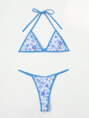 Floral Print Triangle Thong Bikini Set