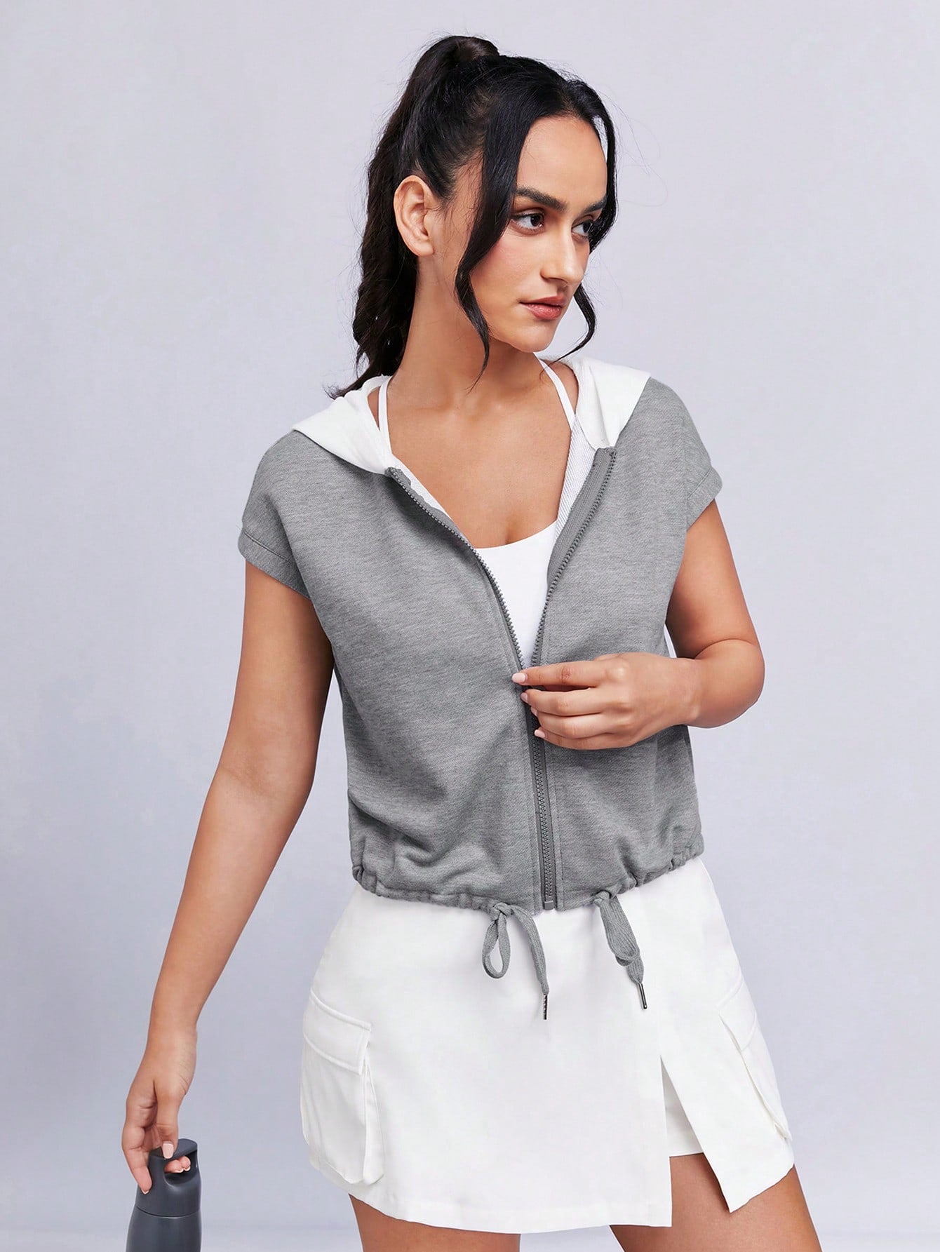 Two Tone Drawstring Hem Hooded Crop Jacket