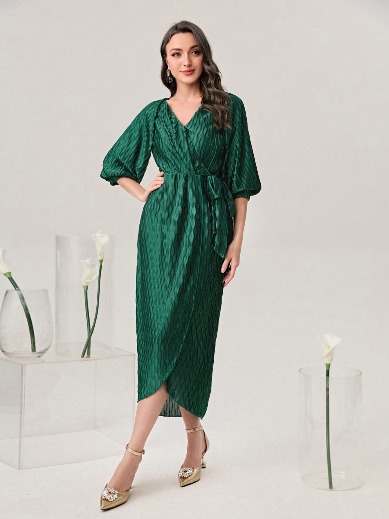 Lantern Sleeve Wrap Hem Belted Dress