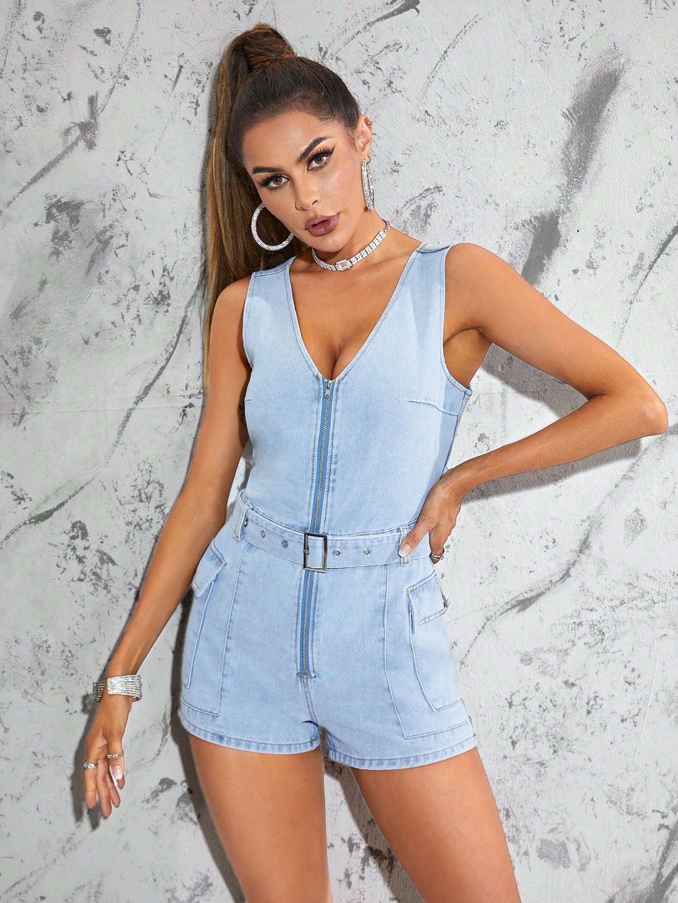 Zip Up Belted Denim Romper