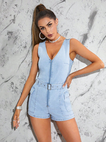 Zip Up Belted Denim Romper