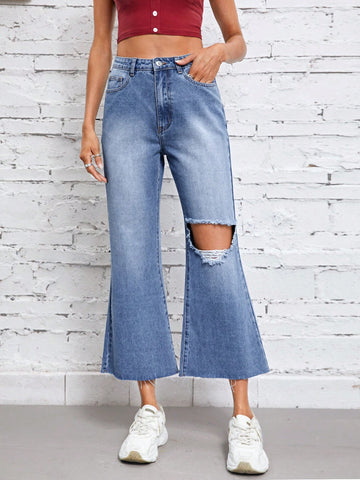 Ripped Raw Hem Flare Leg Jeans