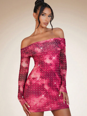 Tie Dye Off Shoulder Rhinestone Bodycon Dress