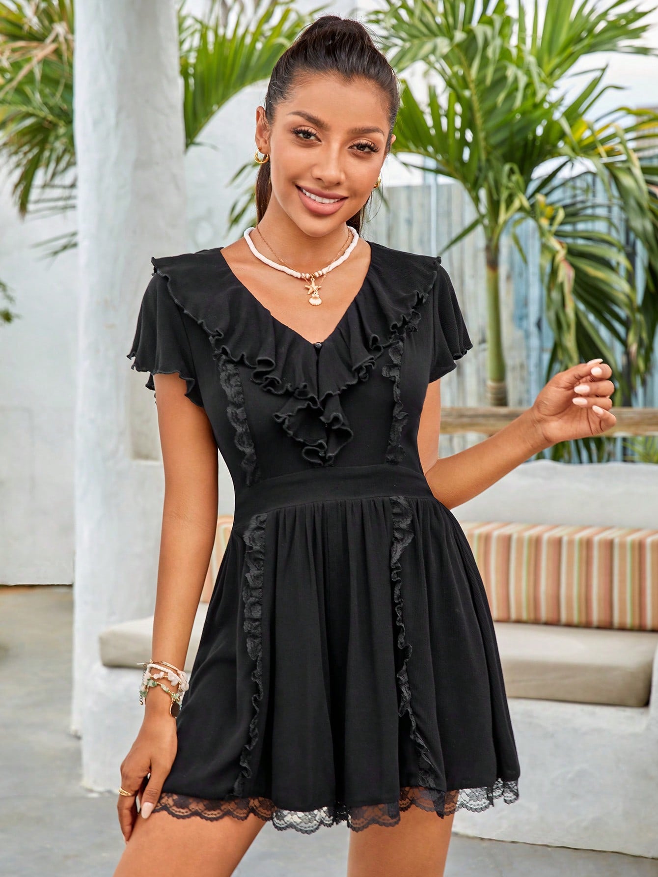 Contrast Lace Ruffle Trim Dress