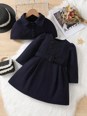 Young Girl 2pcs Korean Style Long Sleeve Trench Coat With Shawl Collar, Waist Belt, Suitable For Vacation Autumn