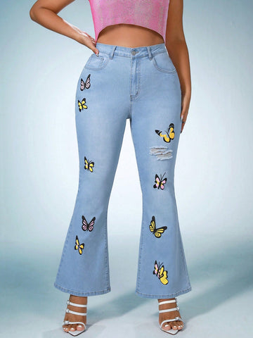 Plus Butterfly Print Ripped Flare Leg Jeans