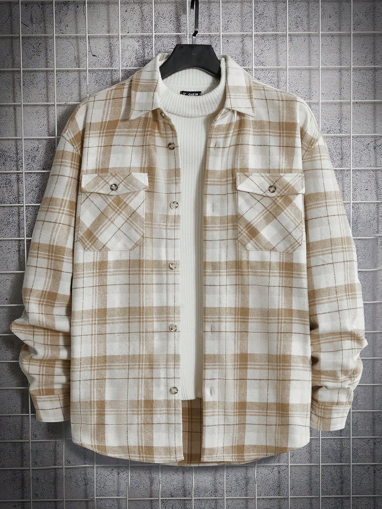 Men's Plaid Print Loose Fit Overcoat With Flap Pockets, Without T-Shirt