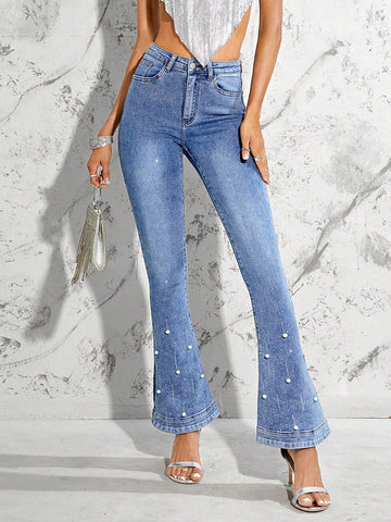 Pearls Beaded Flare Leg Jeans