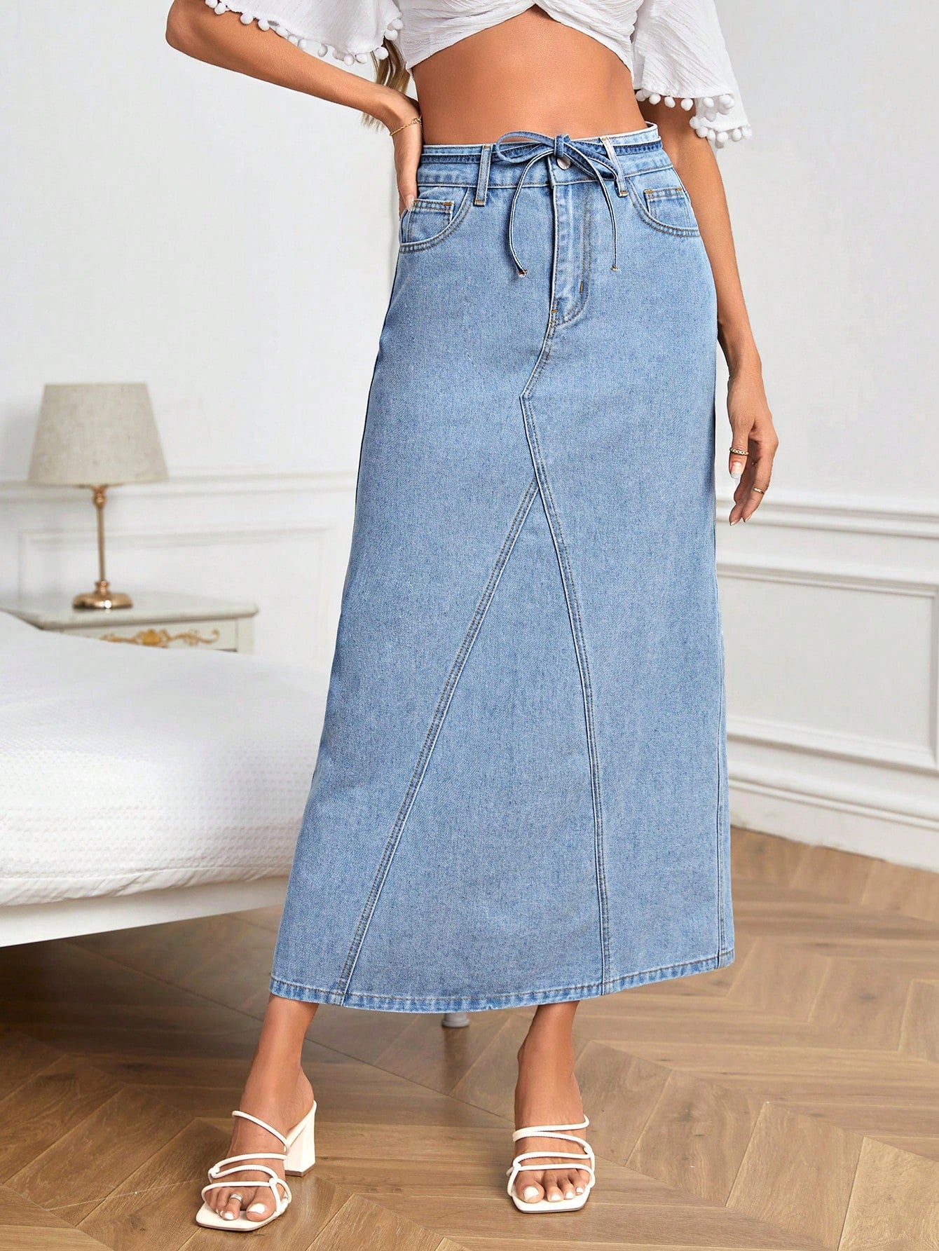 High Waist Belted Denim Skirt