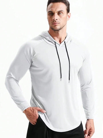 Men Raglan Sleeve Drawstring Hooded Sports Sweatshirt Hoodie