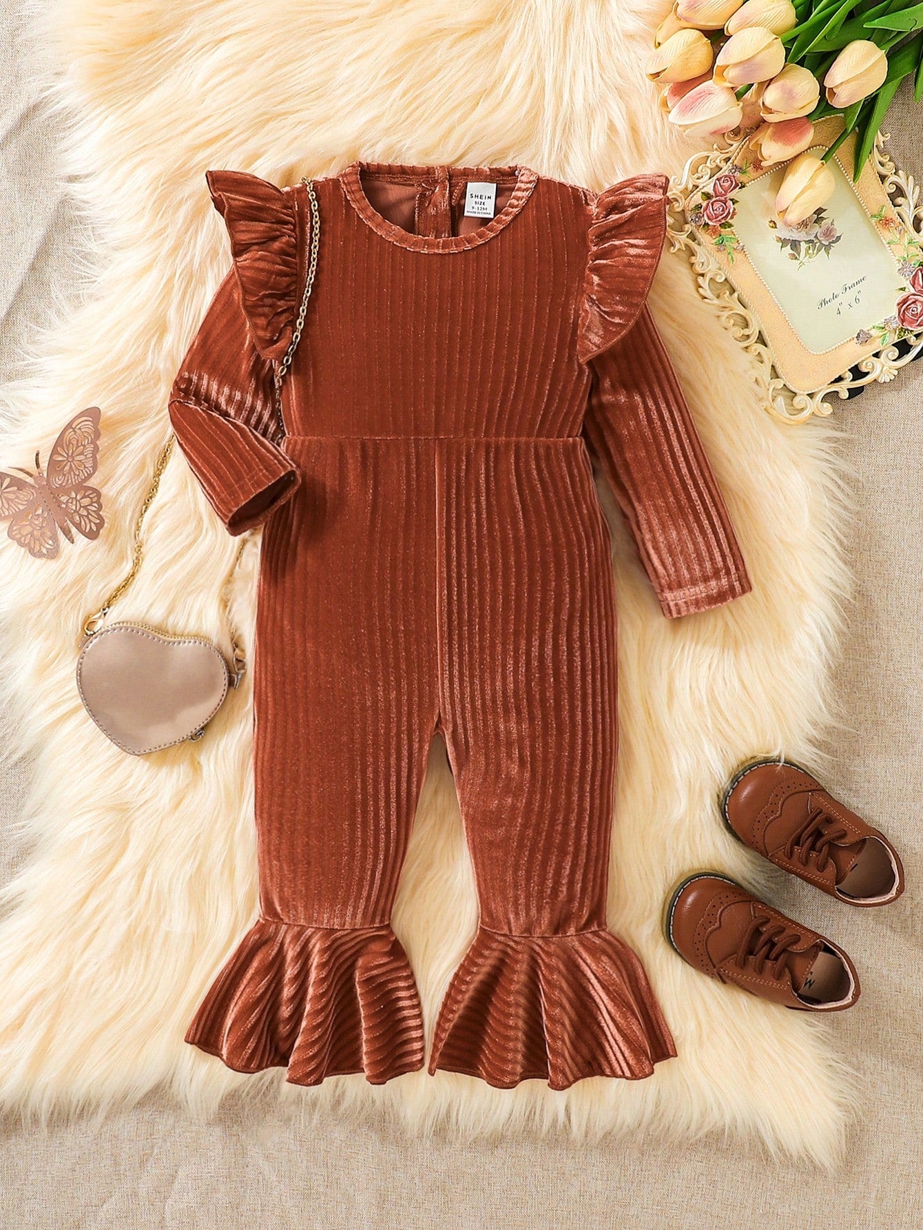 Baby Girl Ruffle Trim Flare Leg Velvet Jumpsuit