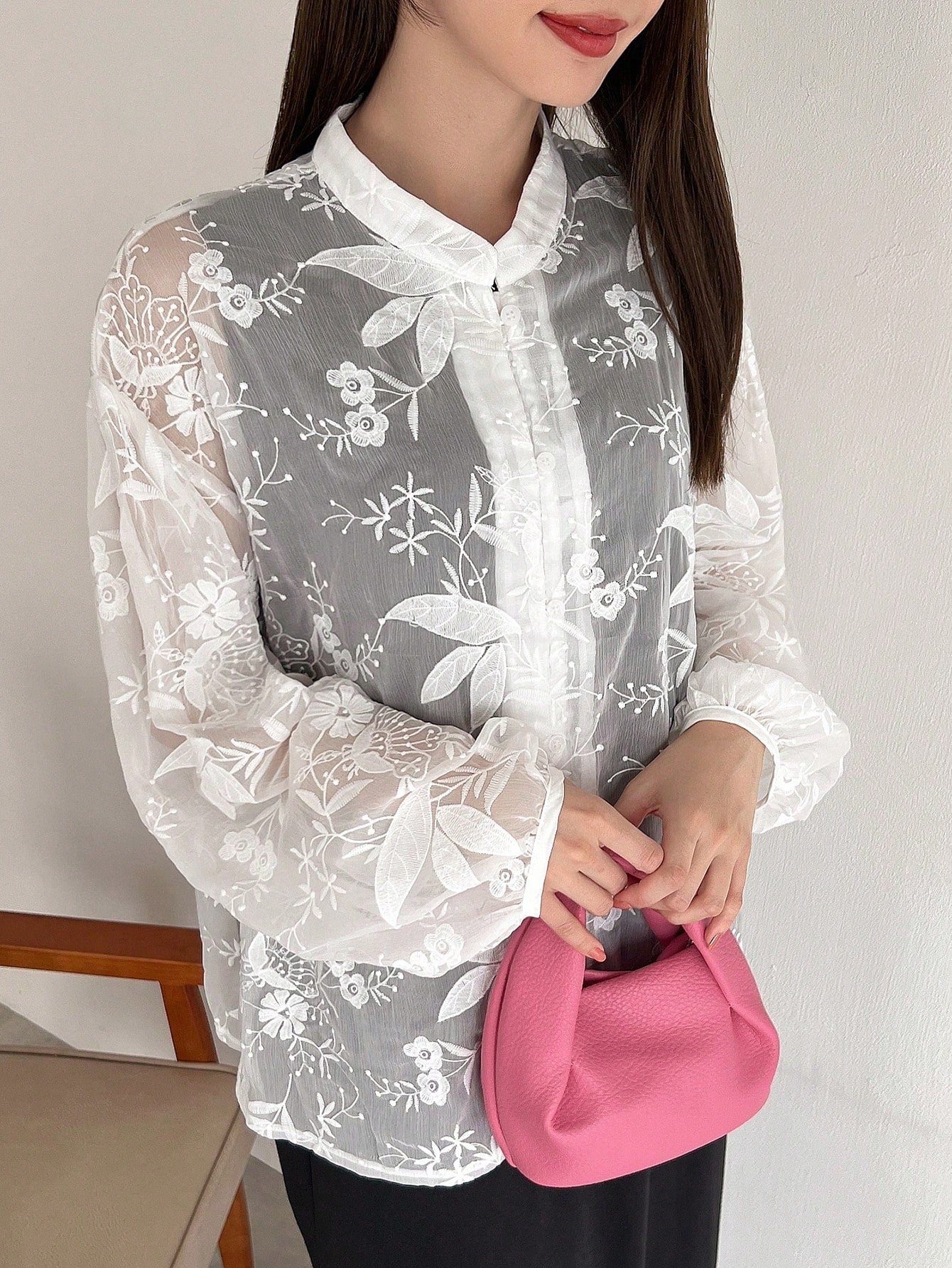 Floral Embroidery Button Front Shirt