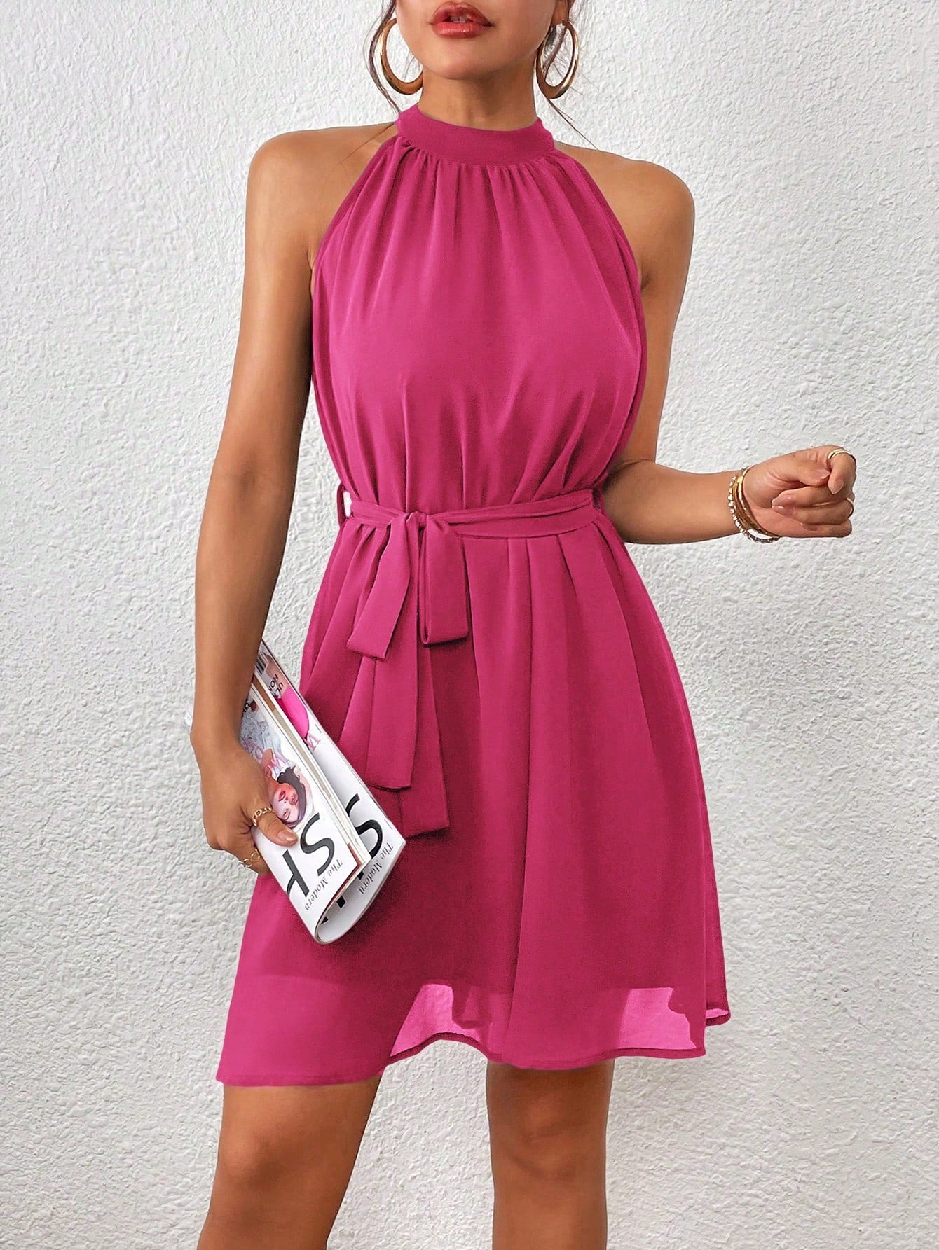 Solid Belted Halter Dress