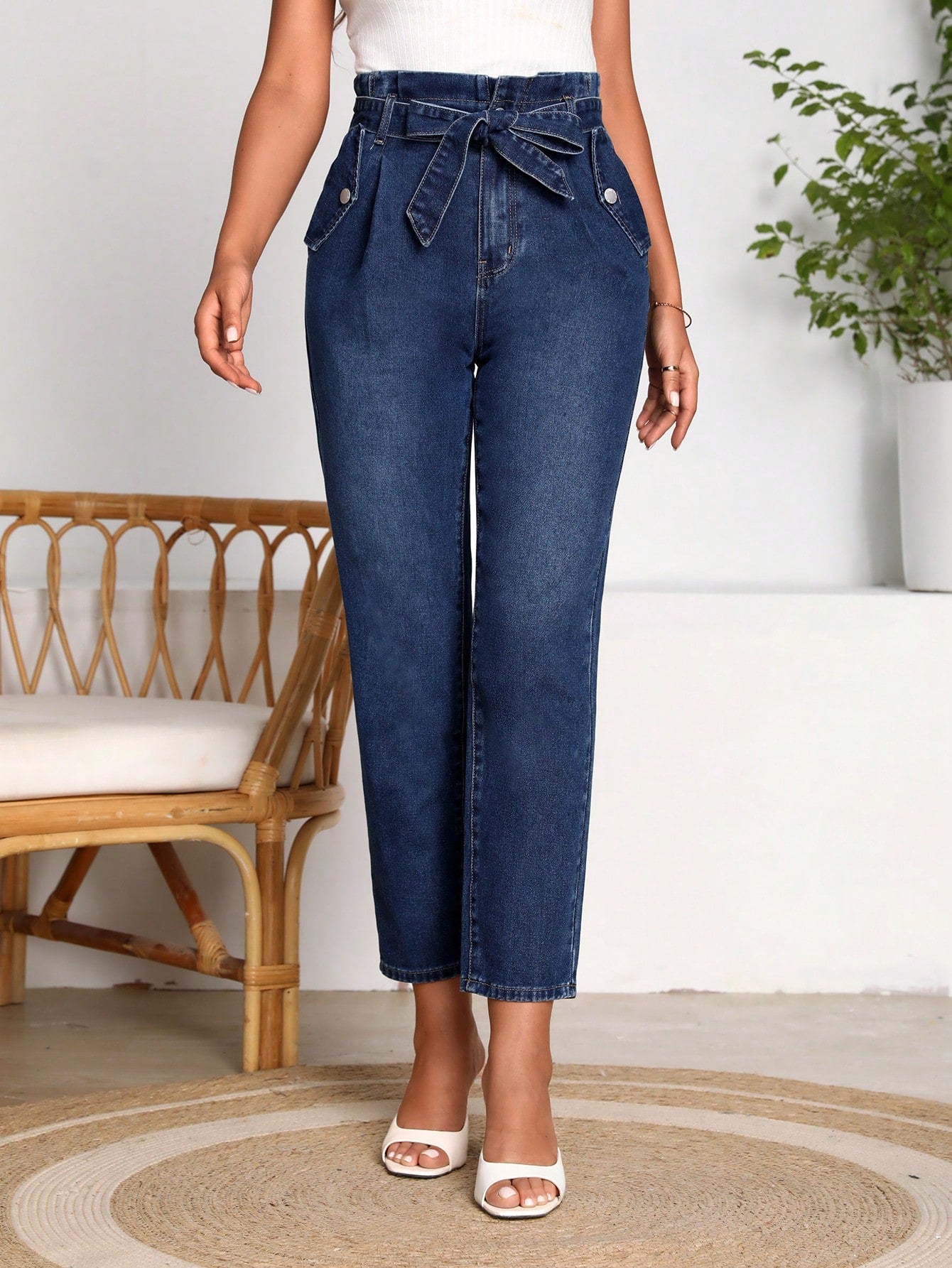 Paperbag Waist Belted Mom Fit Jeans