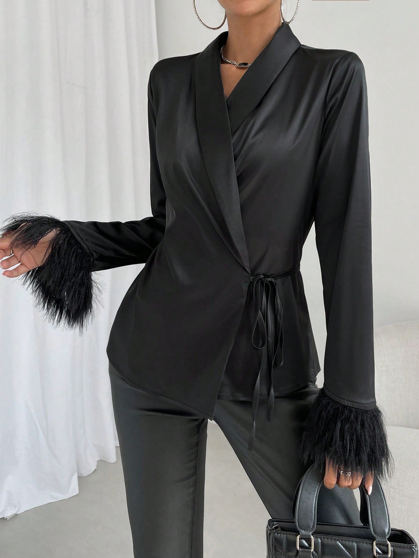 Fuzzy Cuff Knot Side Wrap Satin Blouse