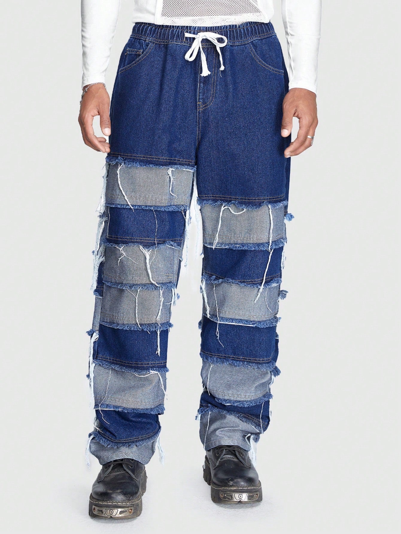 Guys Colorblock Raw Trim Drawstring Waist Baggy Jeans