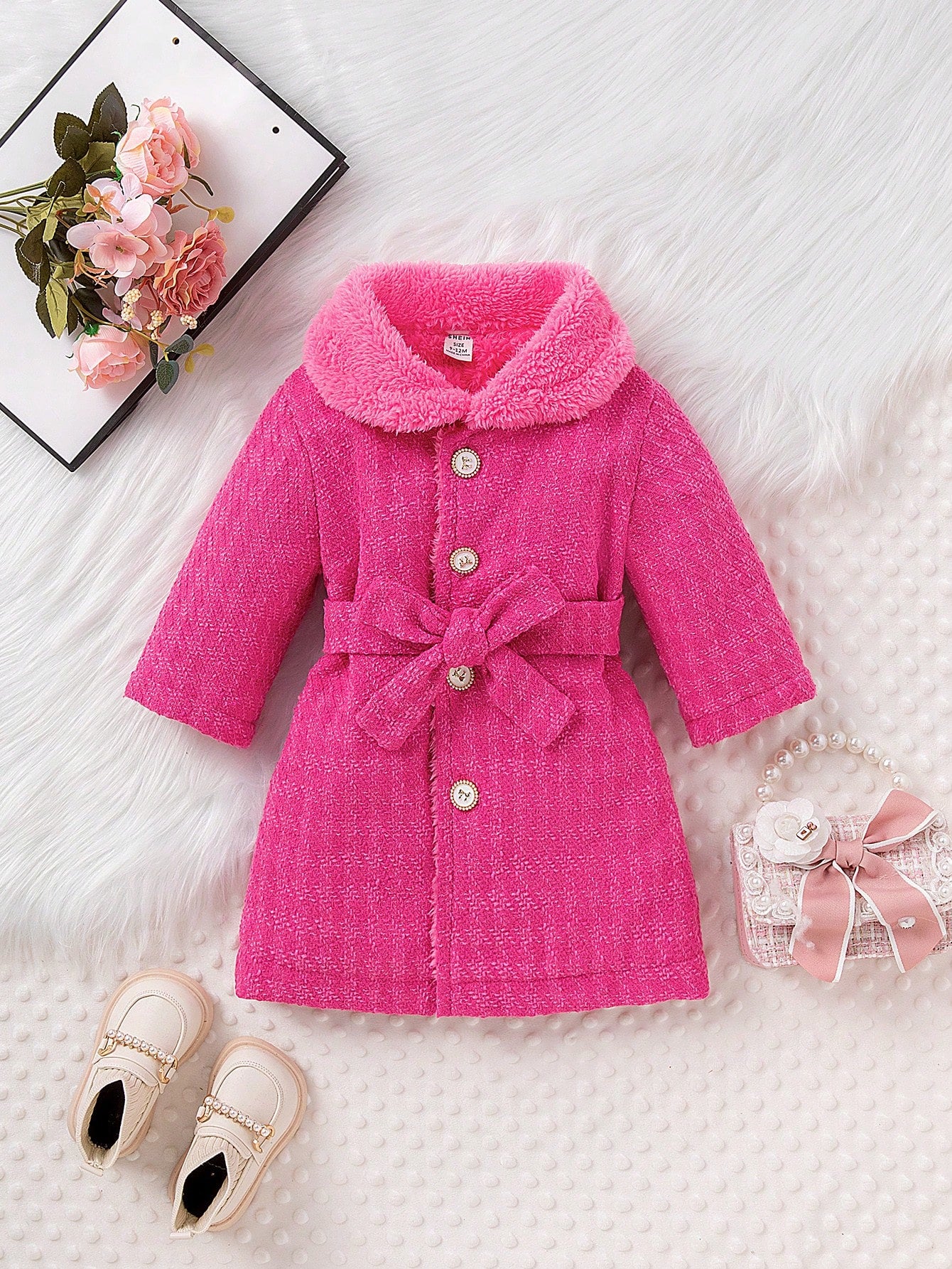 Baby Girl Button Up Contrast Teddy Peter Pan Collar Coat