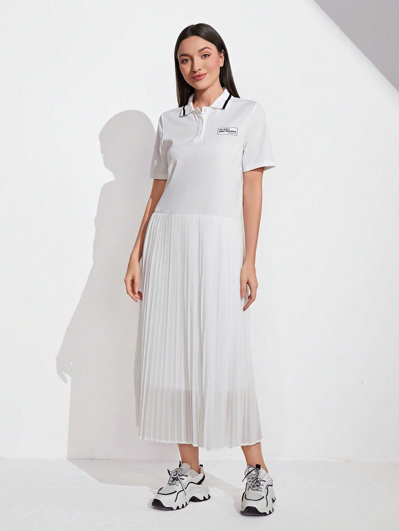 Letter Patched Pleated Hem Polo Neck Dress