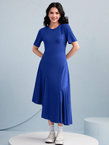 Solid Pocket Patched Asymmetrical Hem Dress