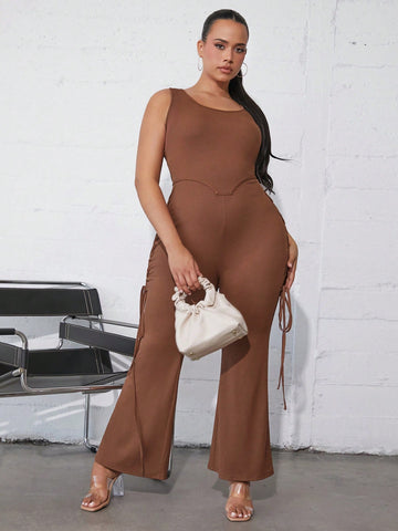 Plus Solid Flare Leg Tank Jumpsuit