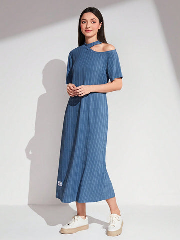 Asymmetrical Neck Patch Detail Dress