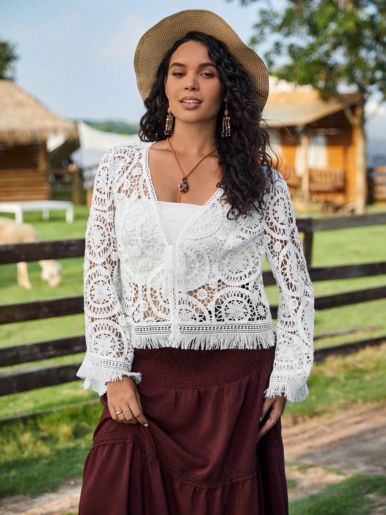 Plus Fringe Trim Guipure Lace Kimono Western Woman Attire Plus