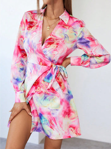 Tie Dye Knot Side Wrap Dress