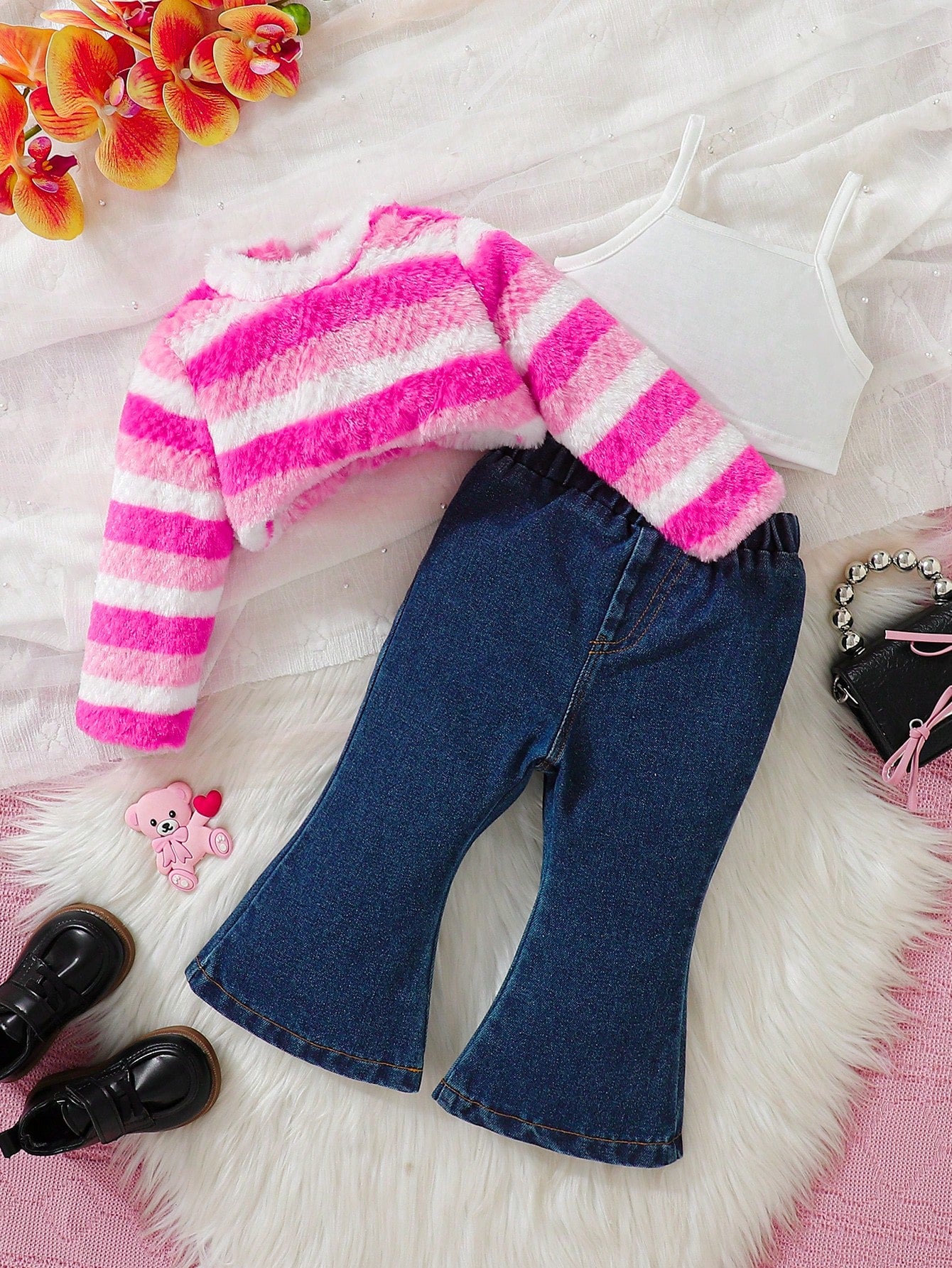 Baby Girl Striped Teddy Top & Cami Top & Flare Leg Pants