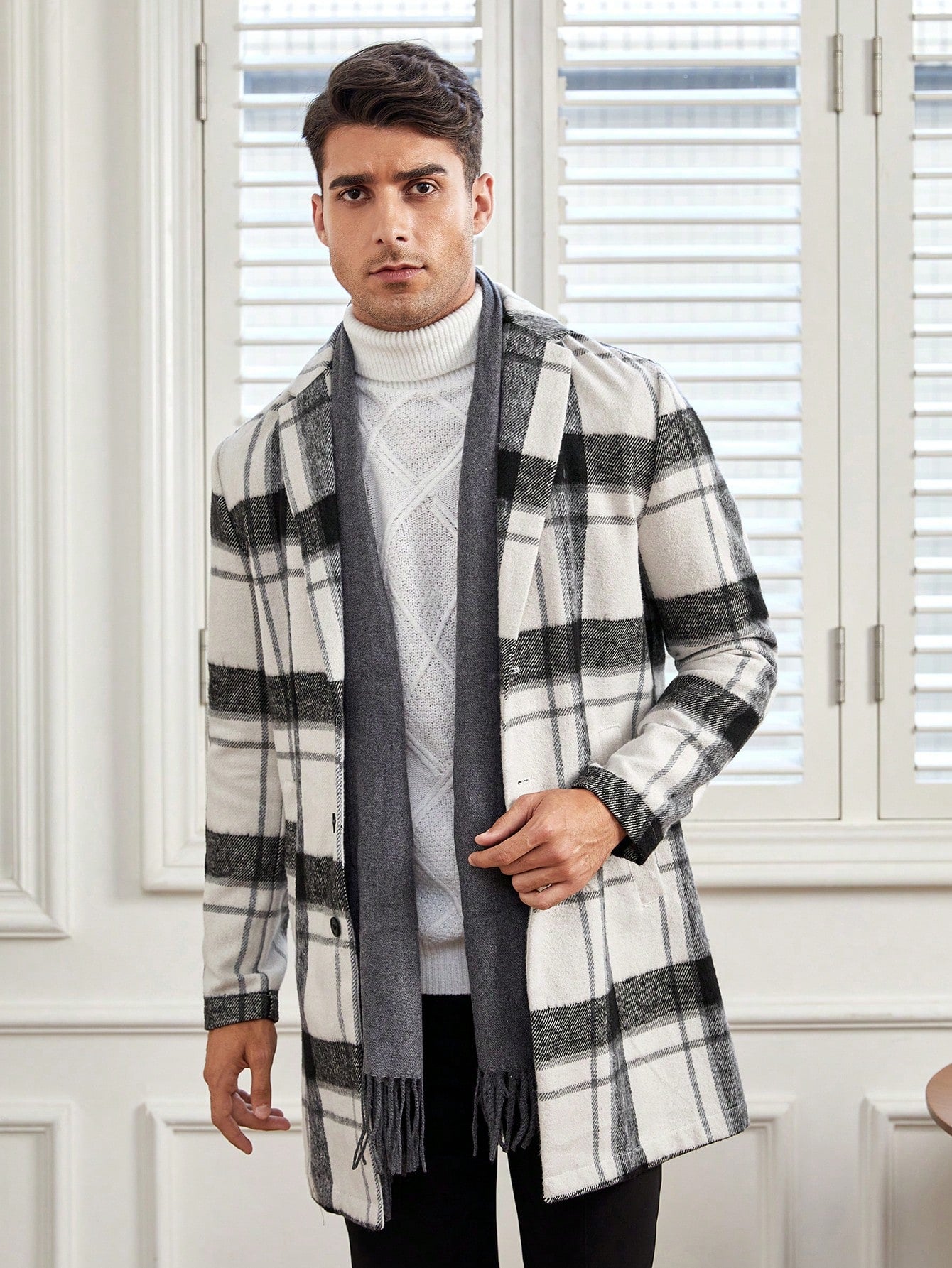 Men Plaid Print Open Front Overcoat