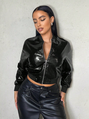 Zip Up Crop PU Leather Bomber Jacket