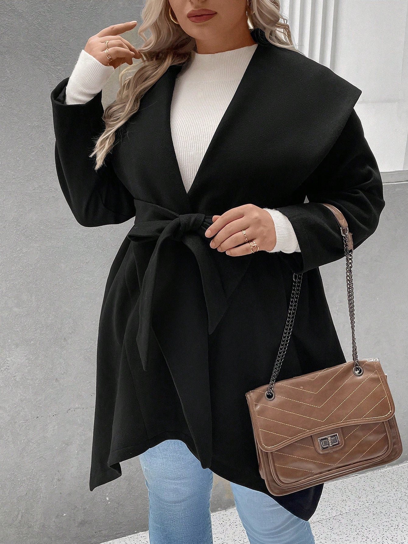 Plus Waterfall Collar Asymmetrical Hem Belted Overcoat