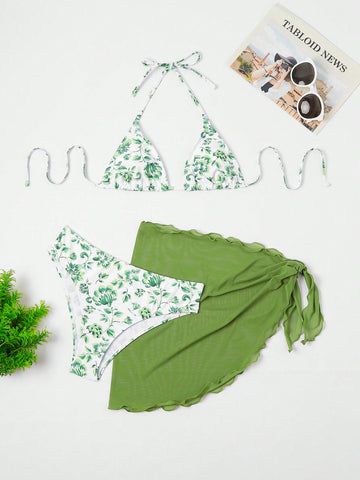 Summer Beach Floral Print Halter Triangle Bikini Set With Beach Skirt