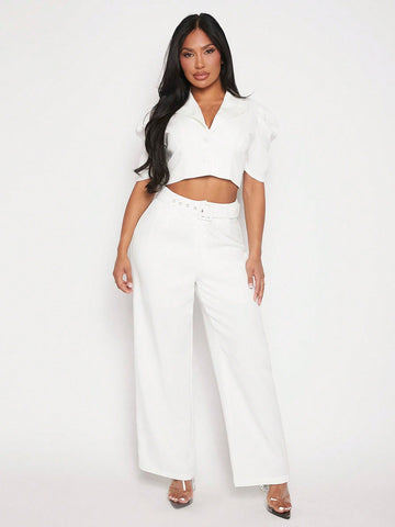 Puff Sleeve Crop Blazer & Wide Leg Pants