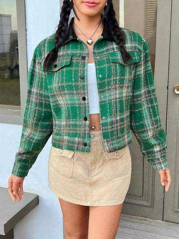 Plaid Print Drop Shoulder Flap Pocket Jacket