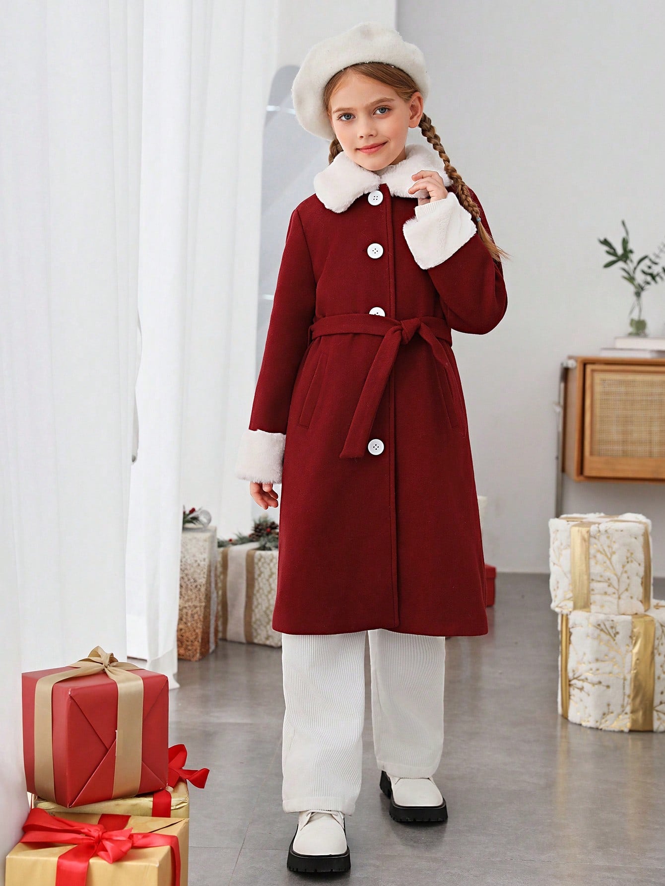 Tween Girl Borg Collar Button Front Overcoat