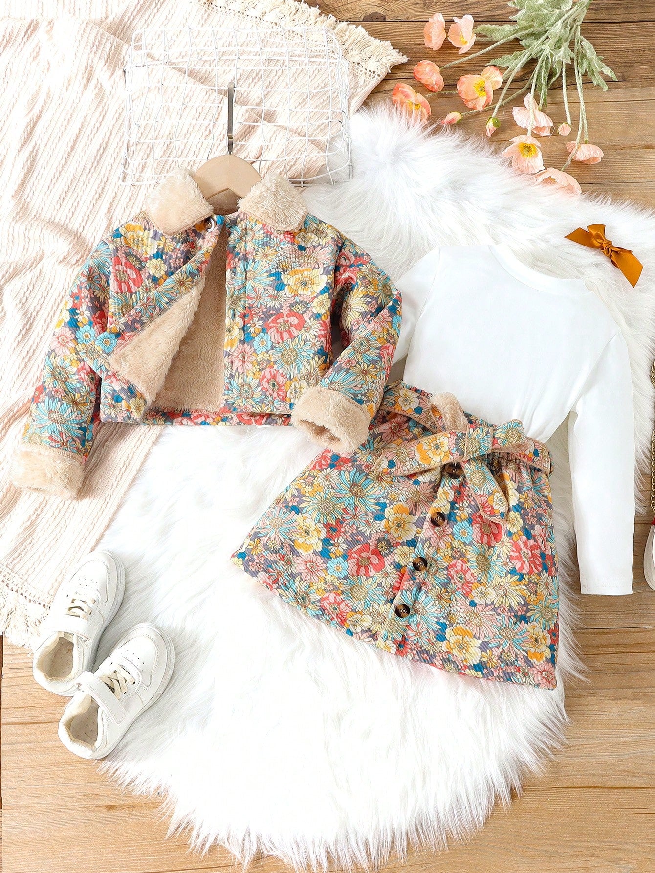 Young Girl Floral Print Borg Collar Coat & Belted Skirt & Solid Tee