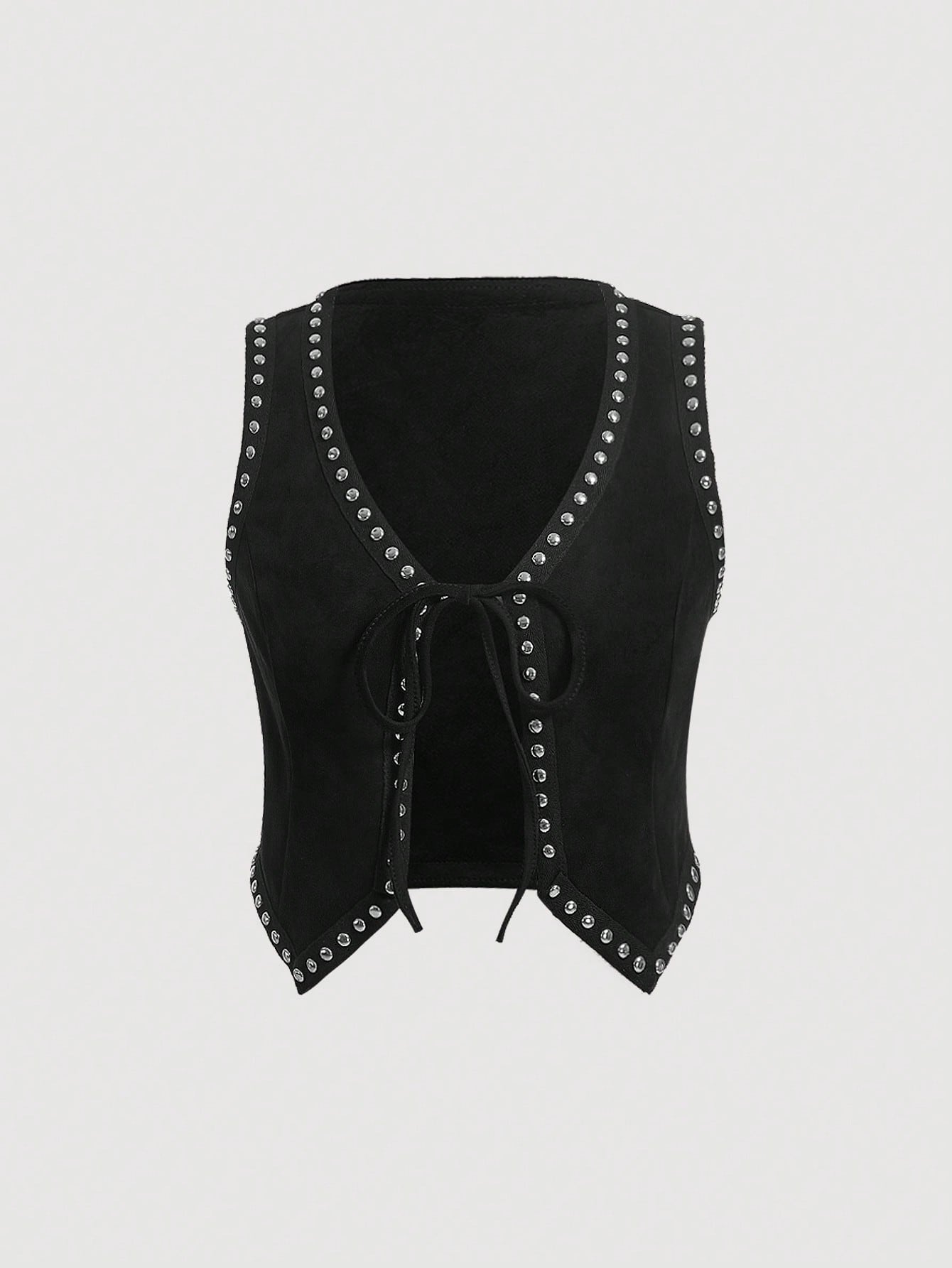 Studded Detail Tie Front Vest Jacket Without Blouse