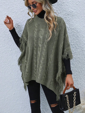 Fringe Trim Batwing Sleeve Cable Knit Poncho