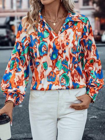 Allover Print Lantern Sleeve Blouse