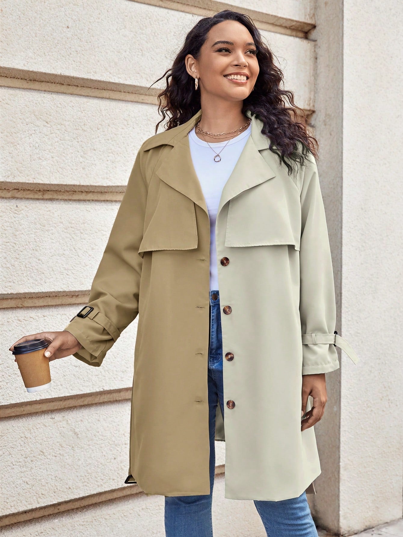 Plus Two Tone Lapel Neck Belted Trench Coat