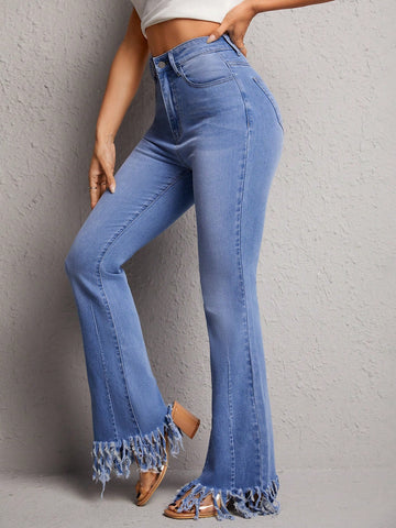 High Waist Fringe Hem Flare Leg Jeans