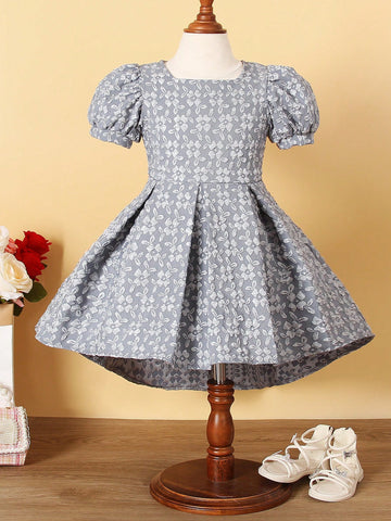Young Girl Floral Jacquard Puff Sleeve Fold Pleated Party Dress