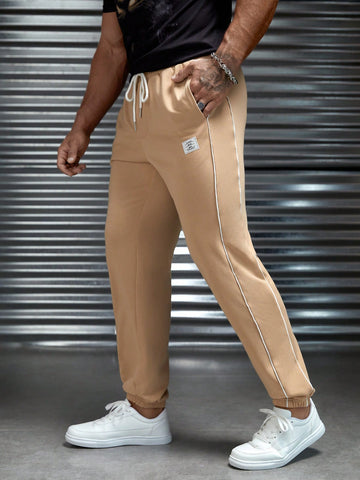 Men Letter Patched Contrast Piping Drawstring Waist Sweatpants