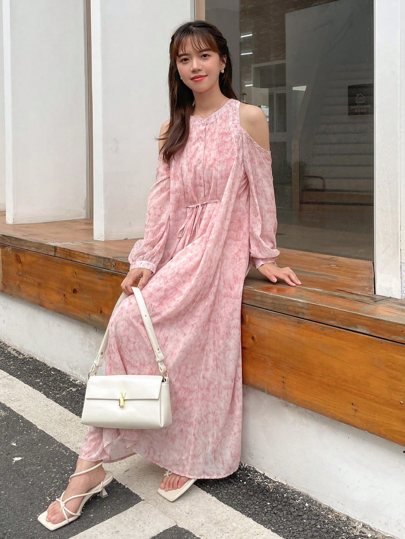 Cold Shoulder Lantern Sleeve Drawstring Waist Dress