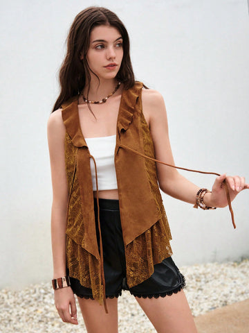 Tie Front Ruffle Trim Lace Vest Jacket