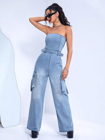 Flap Pocket Side Belted Tube Denim Jumpsuit